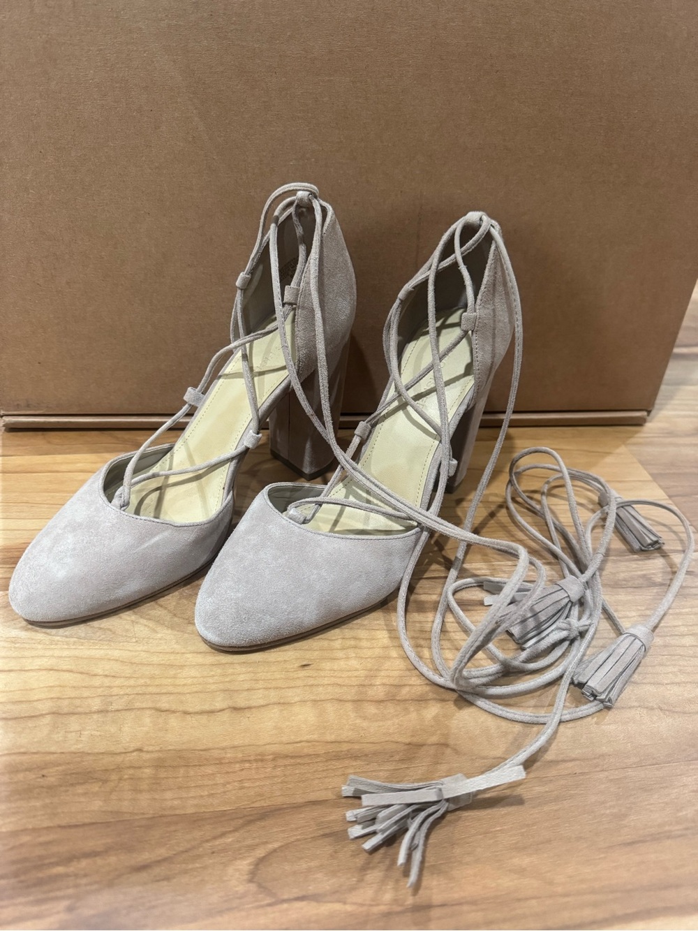 Marc Fisher Taupe Lace-Up Block Heel Pumps